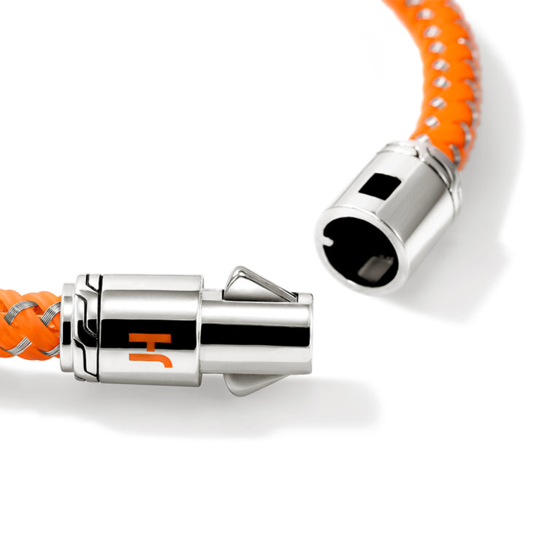 John Hardy Brac. corde en acier et caout. fermoir arg. et émail orange