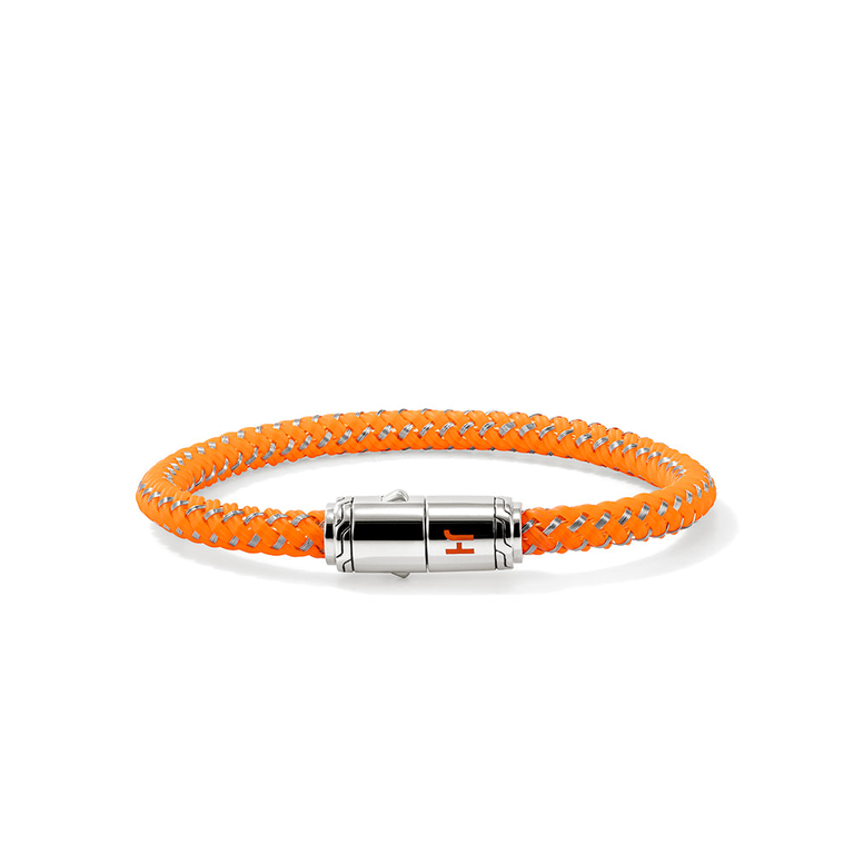 John Hardy Brac. corde en acier et caout. fermoir arg. et émail orange