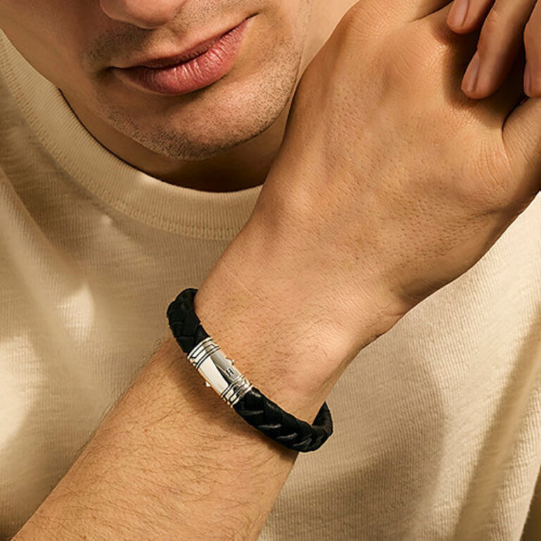 John Hardy Bracelet argent et cuir noir L