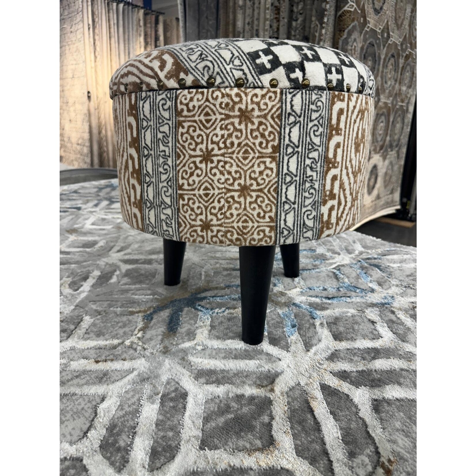 ZEN ZEN-4740 Wooden Round Storage Stool Upholstered  Cotton Print L-W-H: 40-40-40 cm