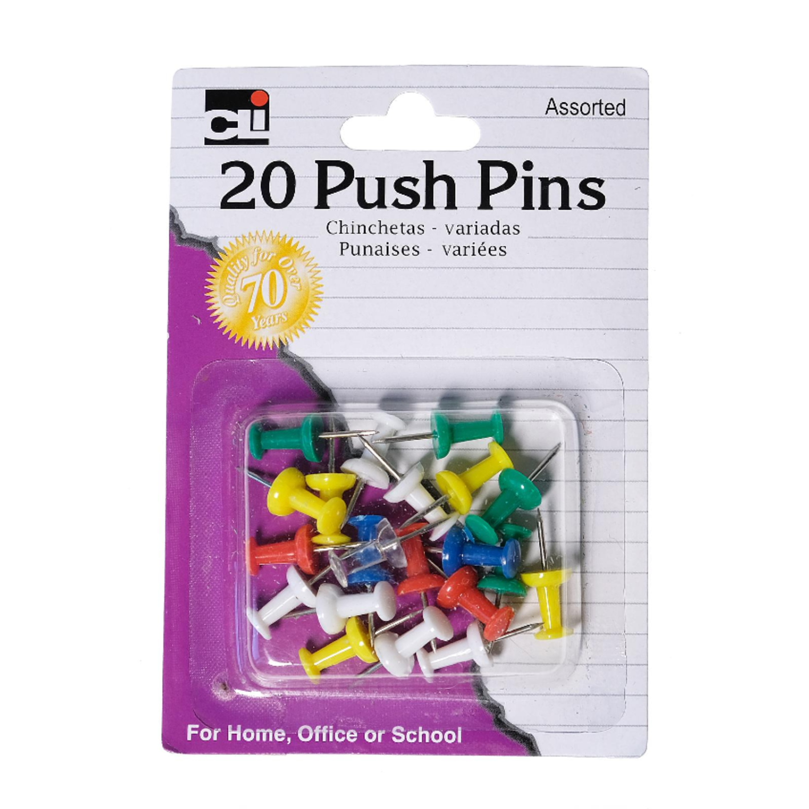 Charles Leonard Push Pins Asst .44in 20pk