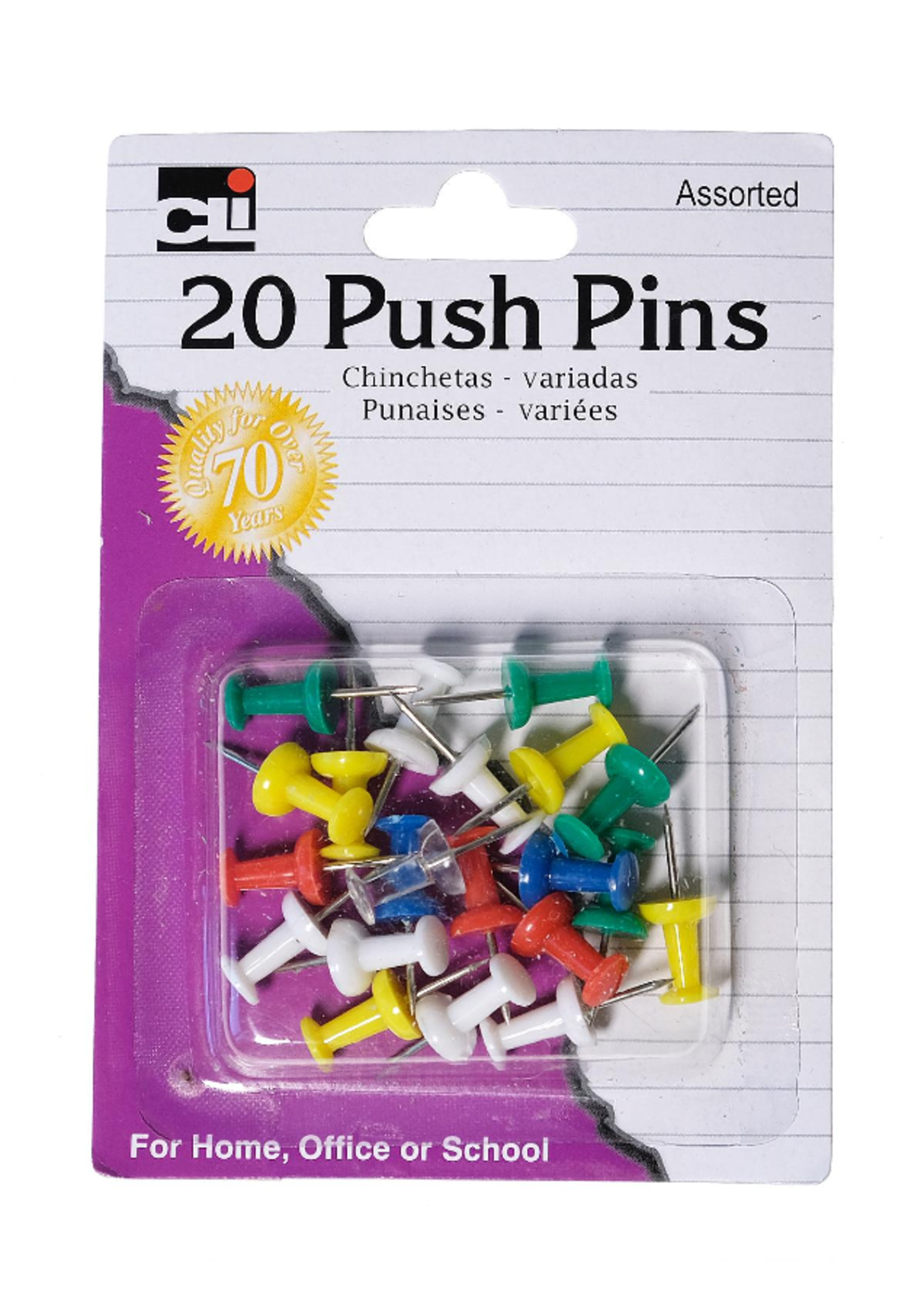 Charles Leonard Push Pins Asst .44in 20pk