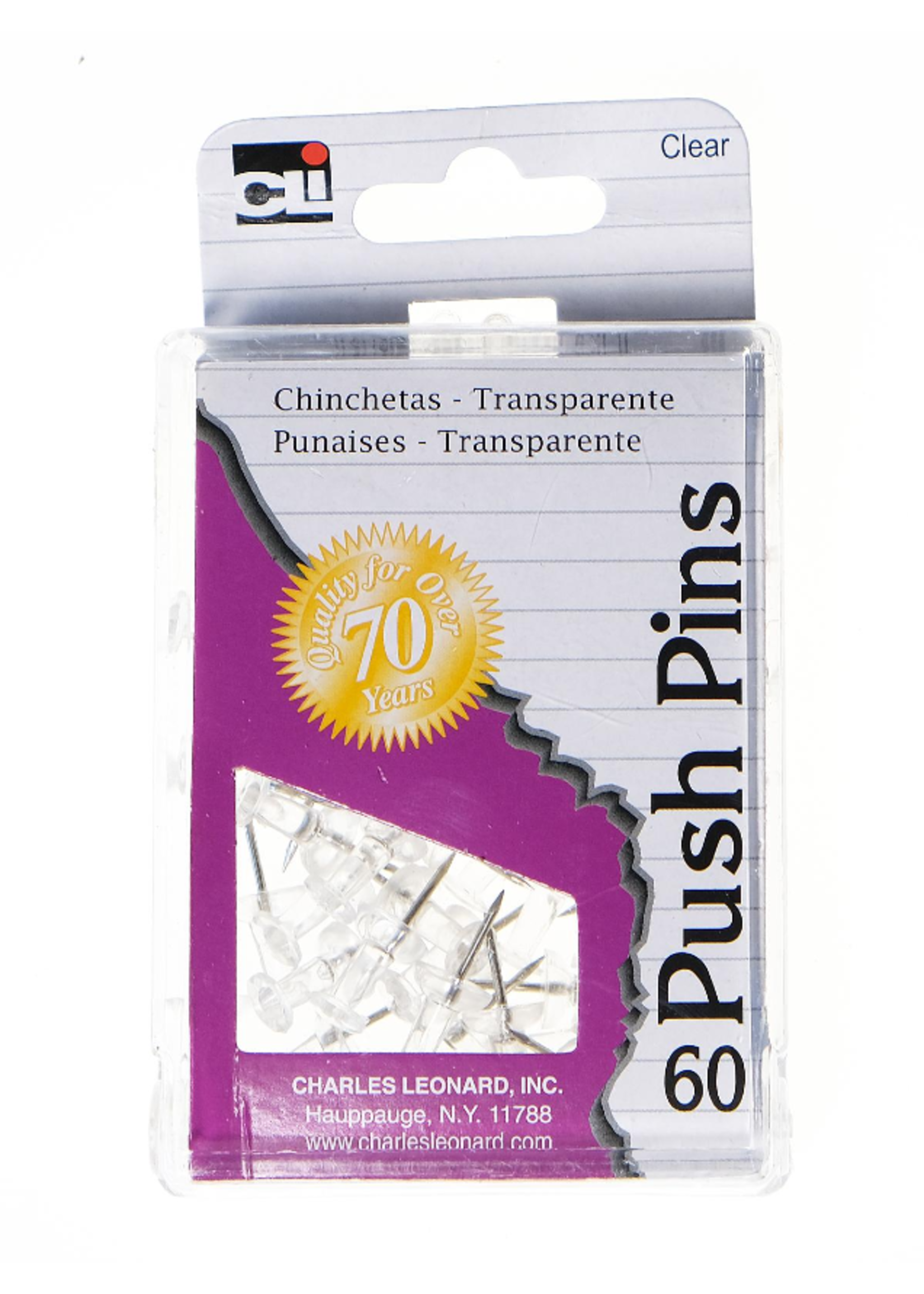 Charles Leonard Push Pins(Clear) .44in 60 Ct Reusable Box