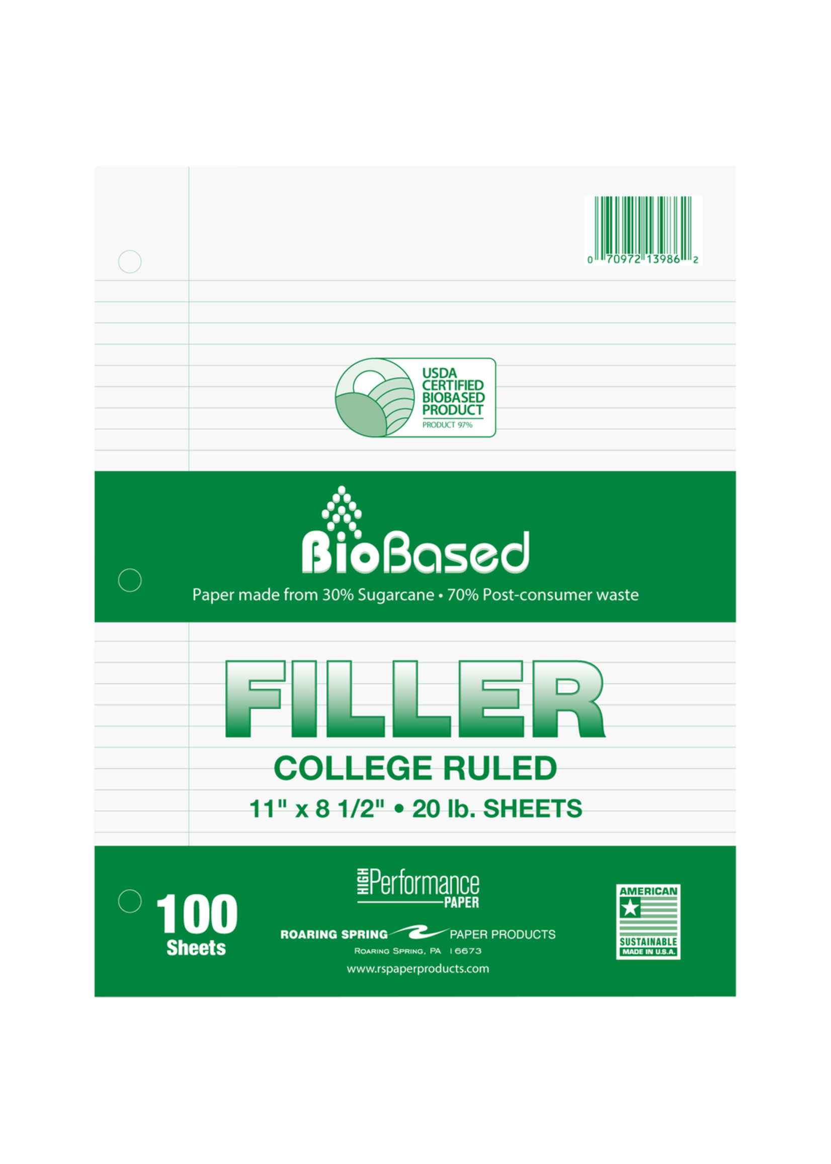 Roaring Spring Bio Based College Rule Filler Paper 100 Sheets