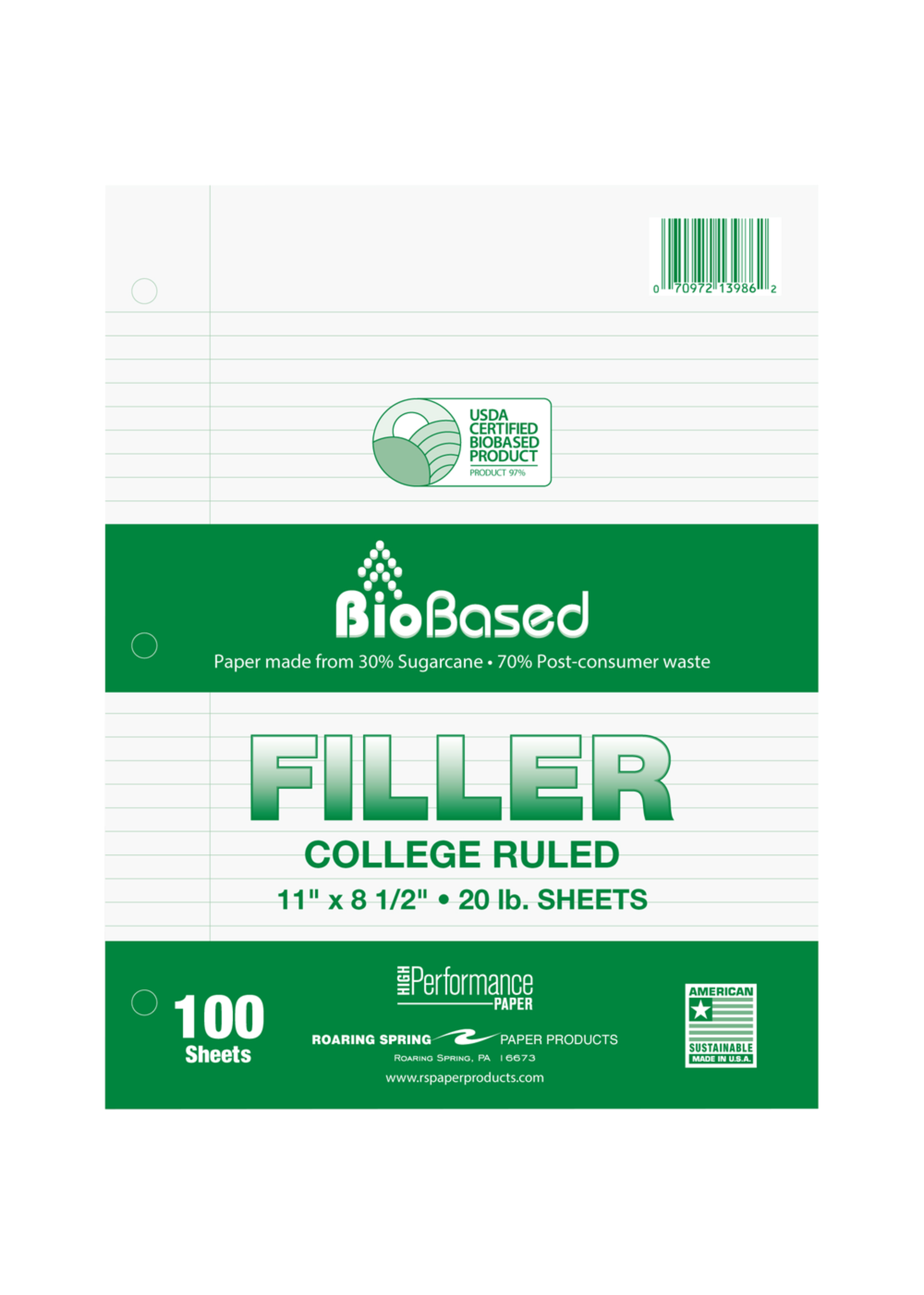 Roaring Springs Bio Based College Rule Filler Paper 100 Sheets