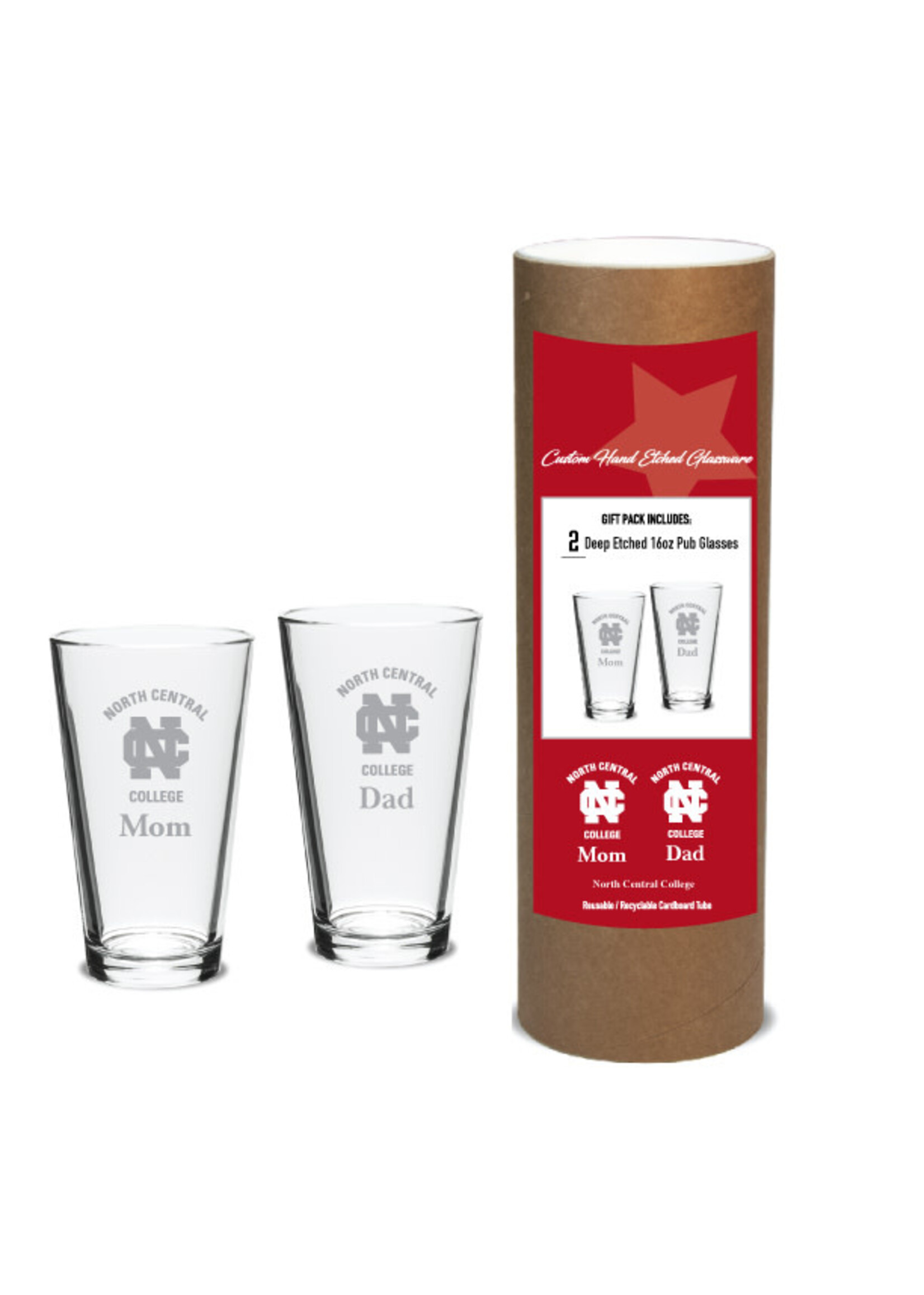 Campus Crystal Campus Crystal - 2 Deep Etched 16oz Pub Glasses (Mom and Dad in cannister set)