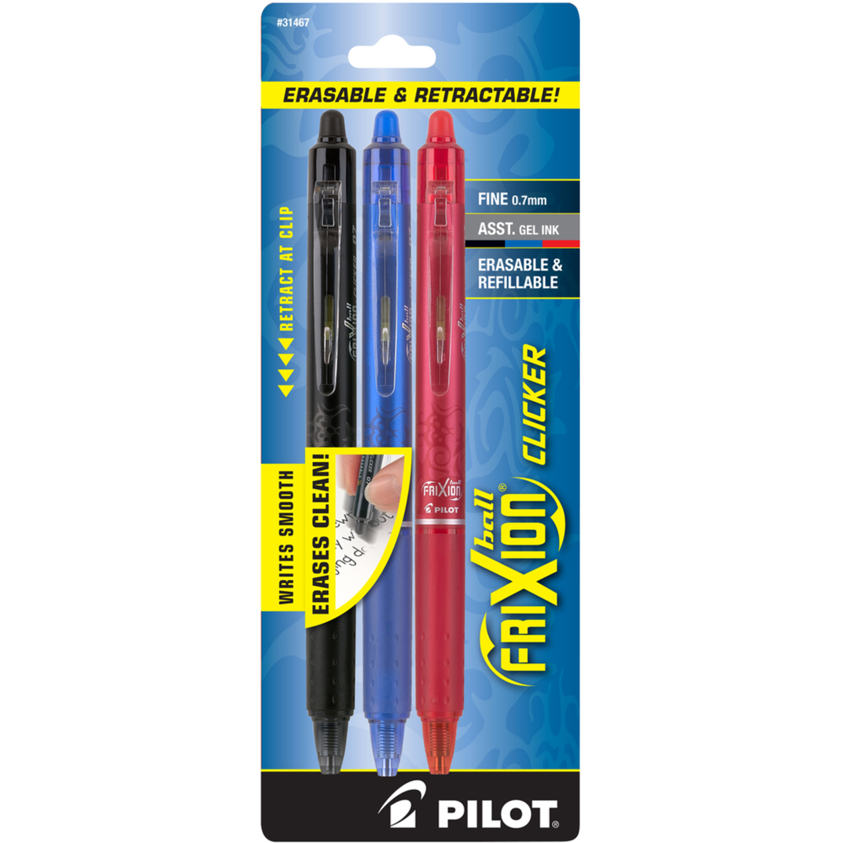 Pilot Pilot FriXion Clicker Retractable Erasable Gel Pen Asst .7mm 3Pk