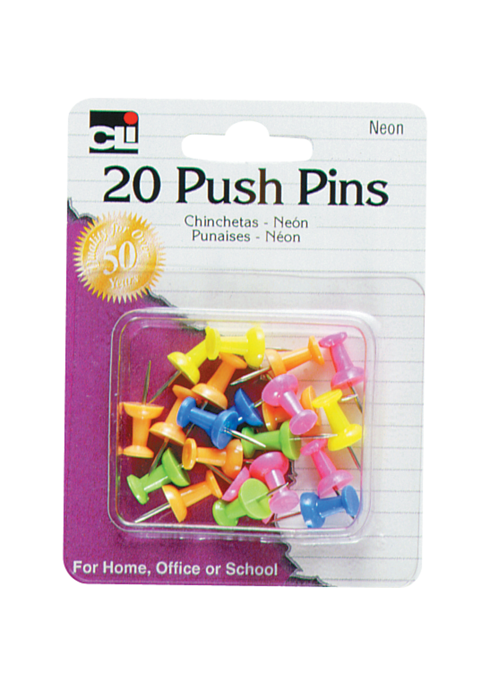 Charles Leonard Push Pins Asst .44in 20pk