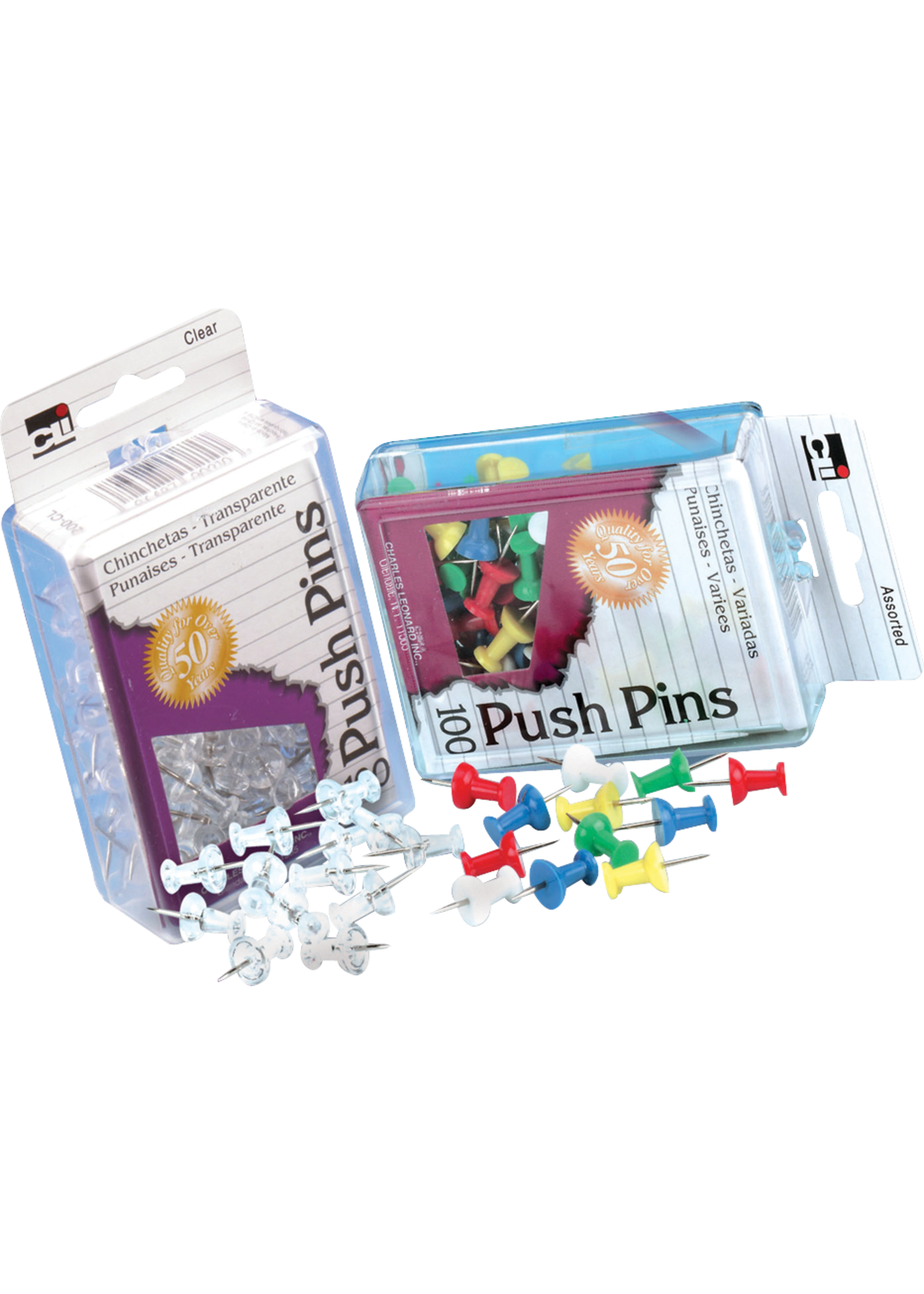 Charles Leonard Push Pins(Clear) .44in 60 Ct Reusable Box