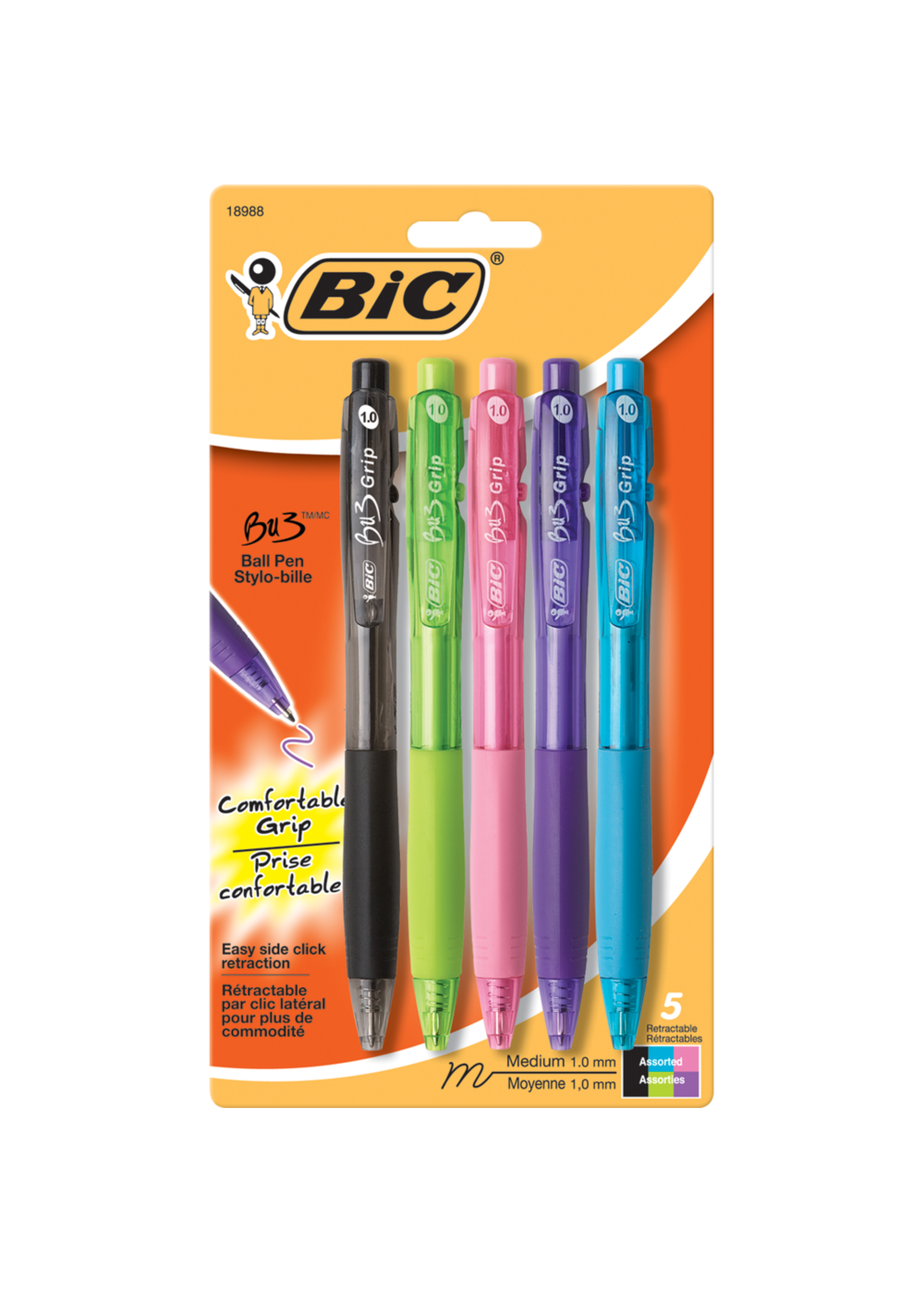 BIC BIC BU3 Grip Retractable Ballpoint Pen Asst  1.0mm 5PK Fashion