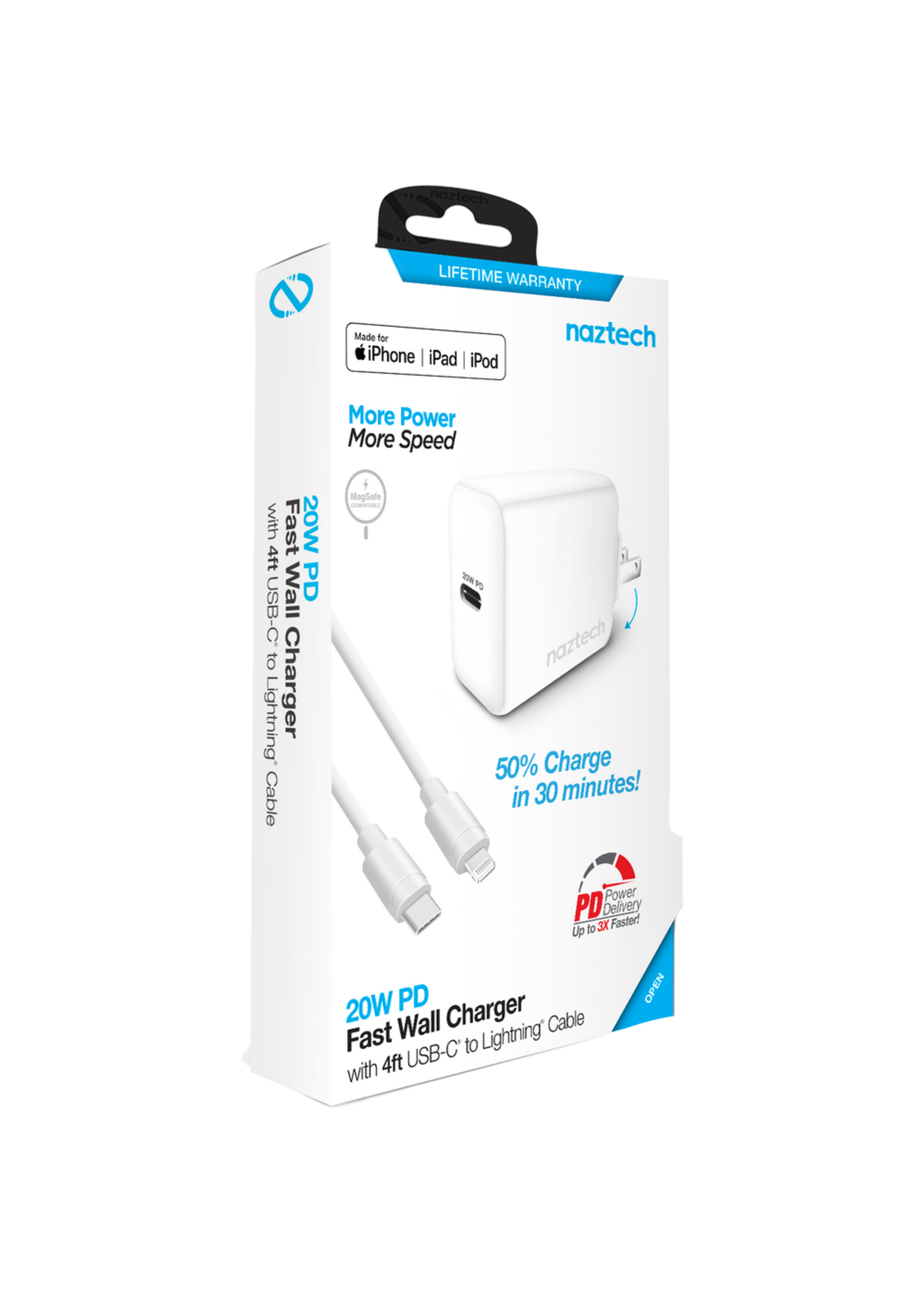 Naztech Naztech Power Delivery Wall Charger with Cable White 4Ft Box USB-C to Lightning (MFi Certified)