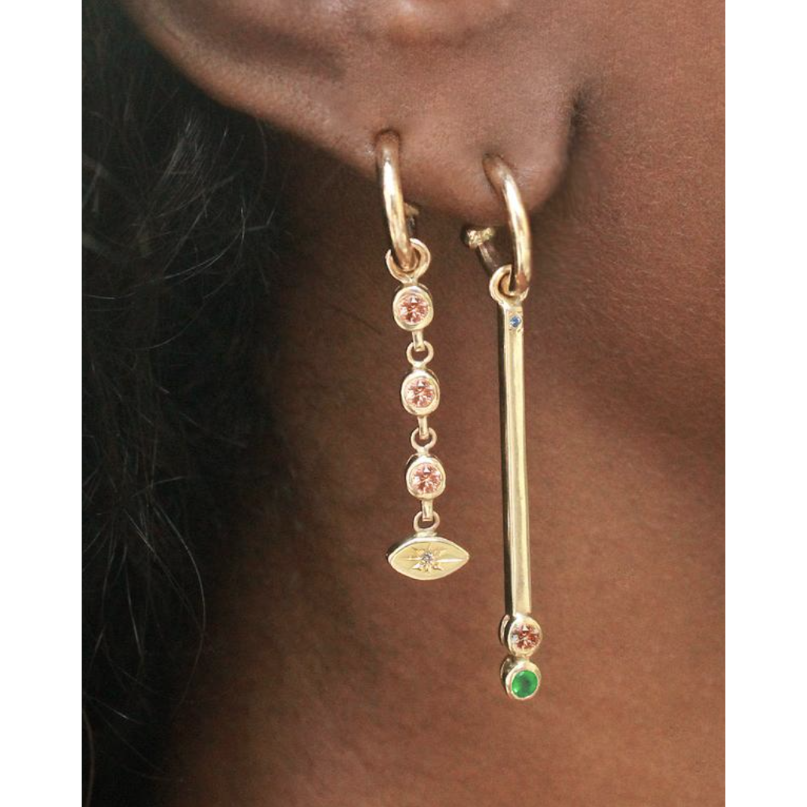 Scosha Long Bar Earring Charm with Emerald and Sapphire in Gold