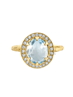Logan Hollowell Queen Oval Aquamarine Ring with Full Pavé Diamond Halo