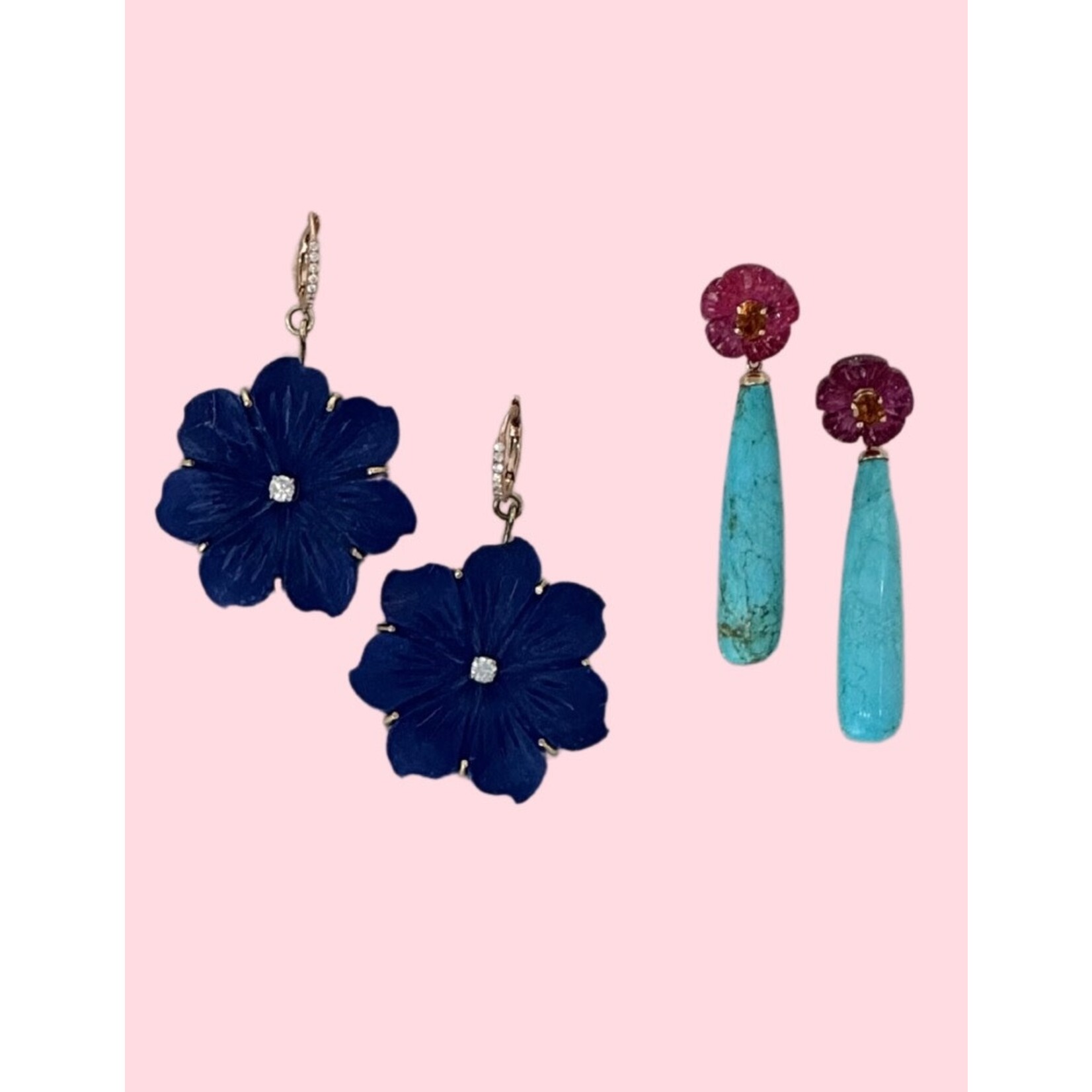 Jill Alberts Ruby Flower Earrings with Yellow Tourmaline & Turquoise