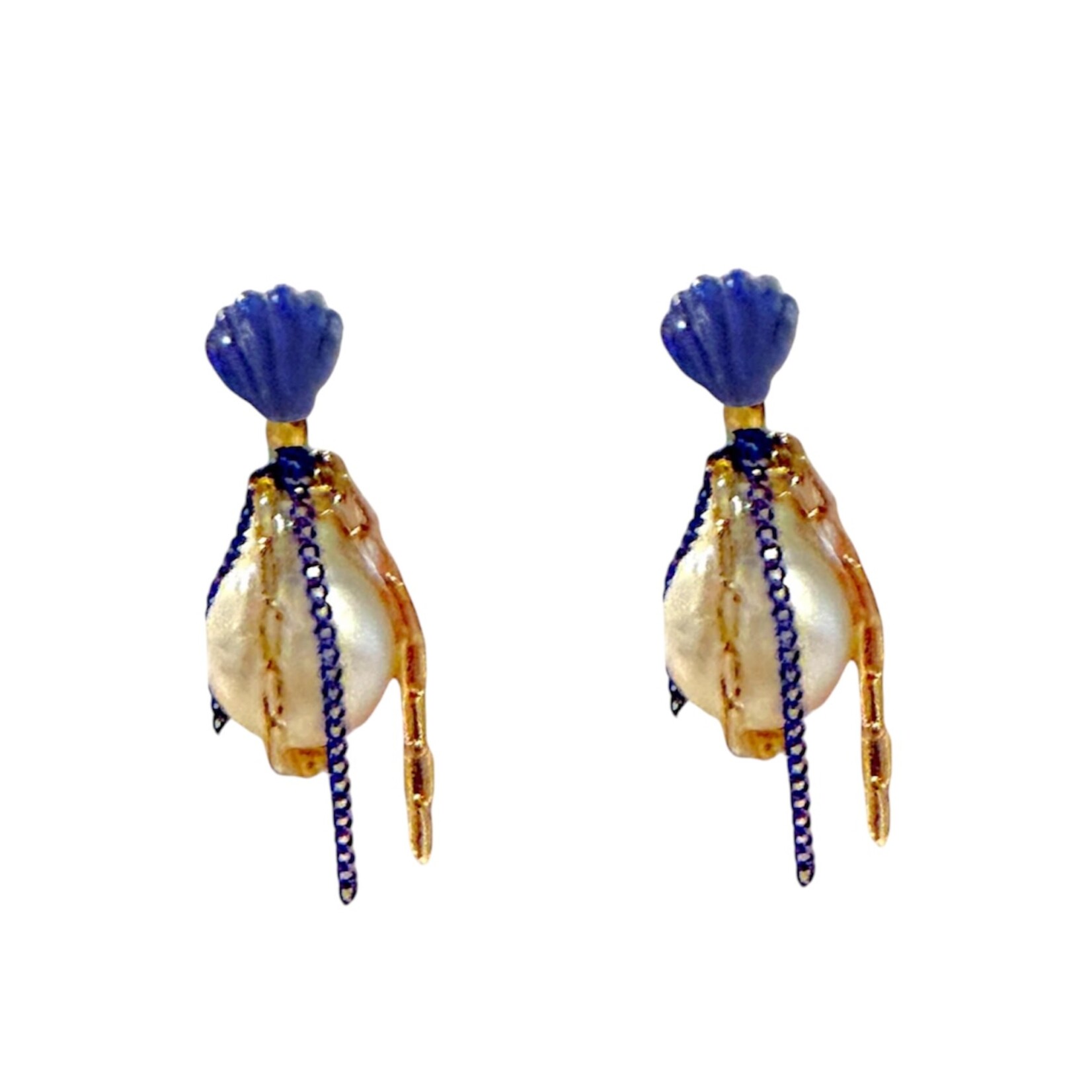 Joie DiGiovanni Blue Ocean Seashell Baroque Pearl Chain Studs