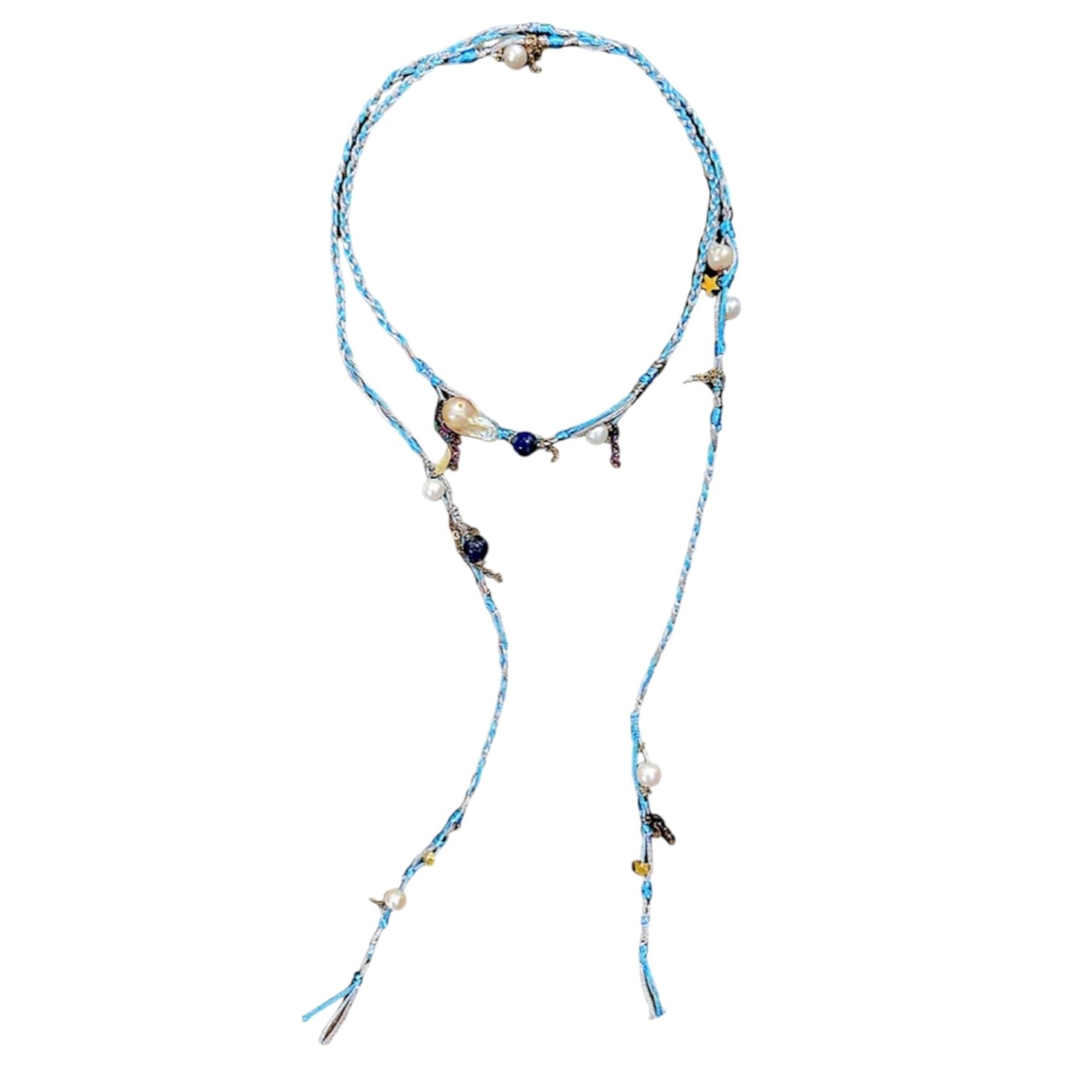 Joie DiGiovanni Blue Summer Sky Pearl Lapis Gold Lucky Charm Silk Rocker Lariat