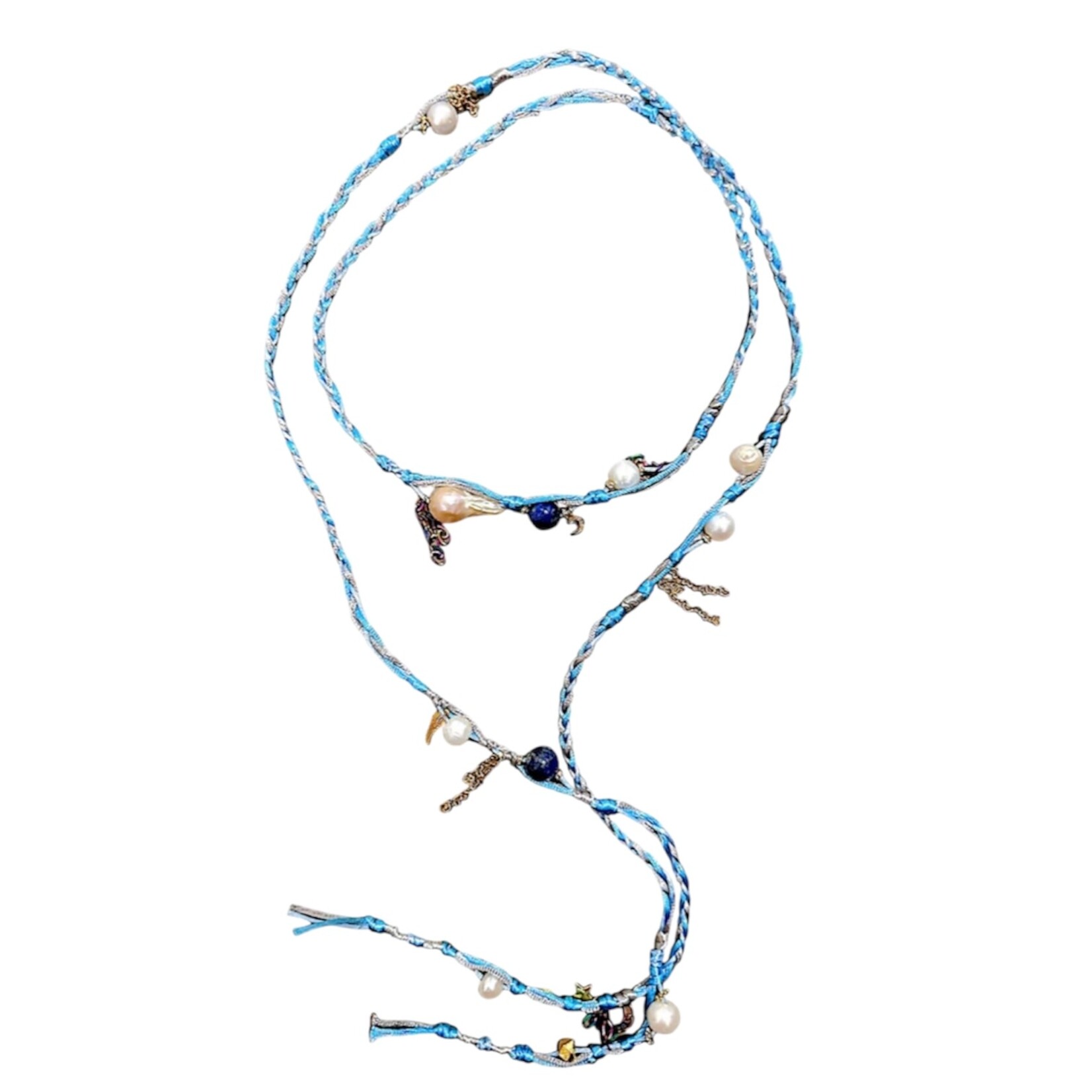 Joie DiGiovanni Blue Summer Sky Pearl Lapis Gold Lucky Charm Silk Rocker Lariat