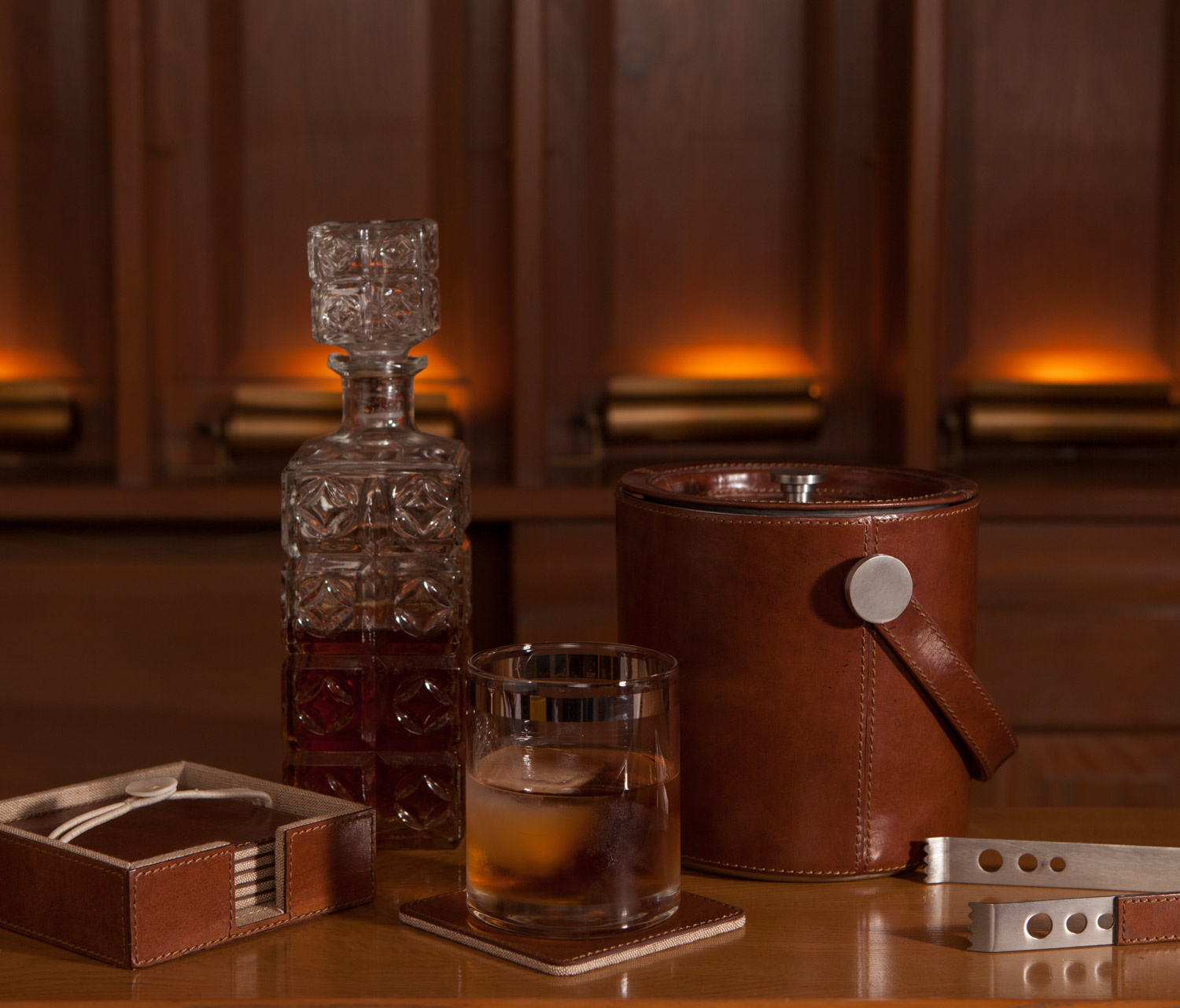 Blue Pheasant Bristol Tobacco Leather Ice Bucket w Tongs