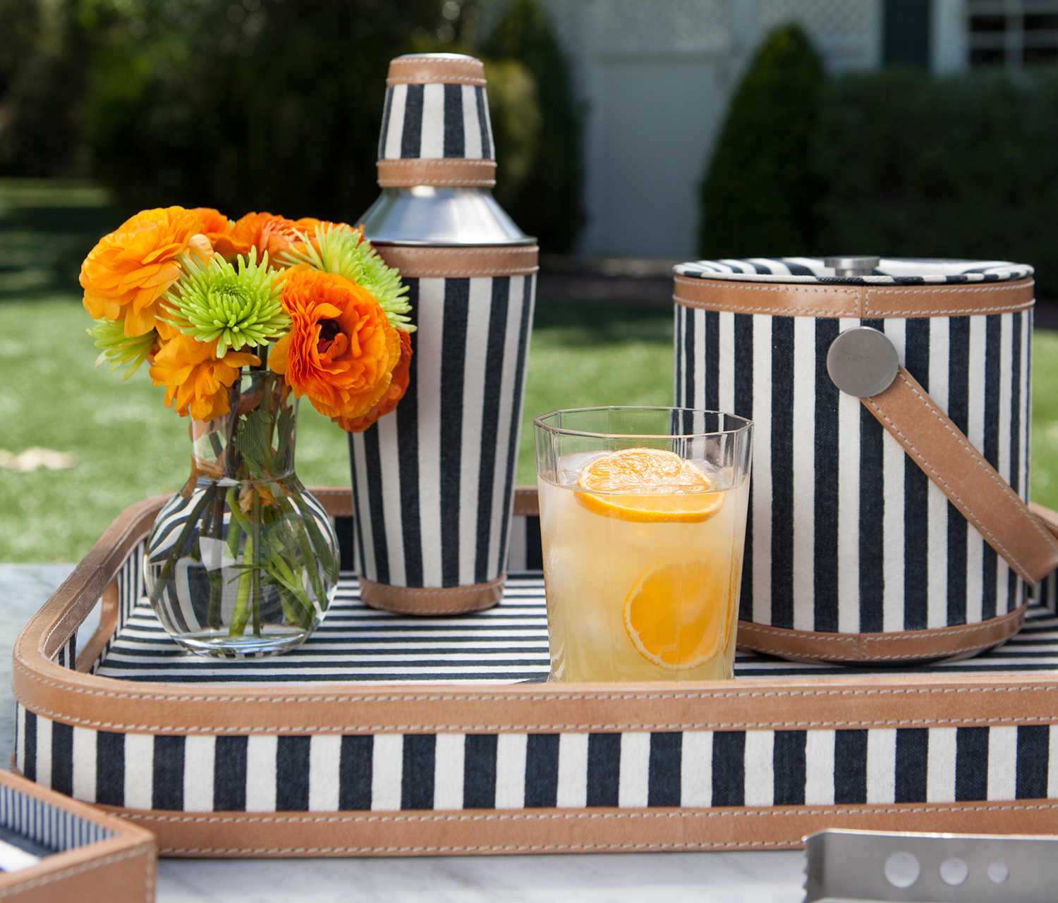 Blue Pheasant Hamilton Striped Canvas Ice Bucket & Tongs