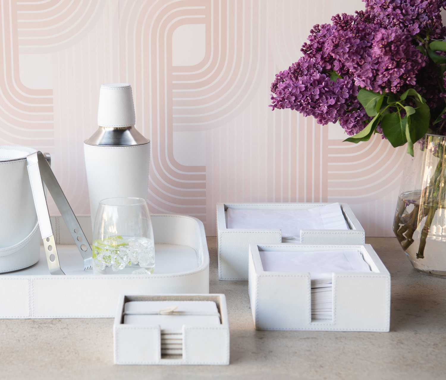 Blue Pheasant Brisbane White Marine Leather Ice Bucket & Tongs