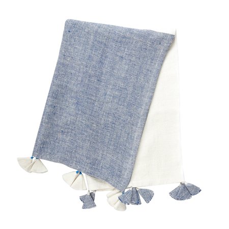 Anaya Home Chambray Blue Colorblocked Linen Blanket with Tassels