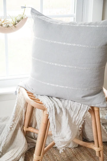 Anaya Home Light Grey & White Embr Stripes 20x20 So Soft Linen Pillow