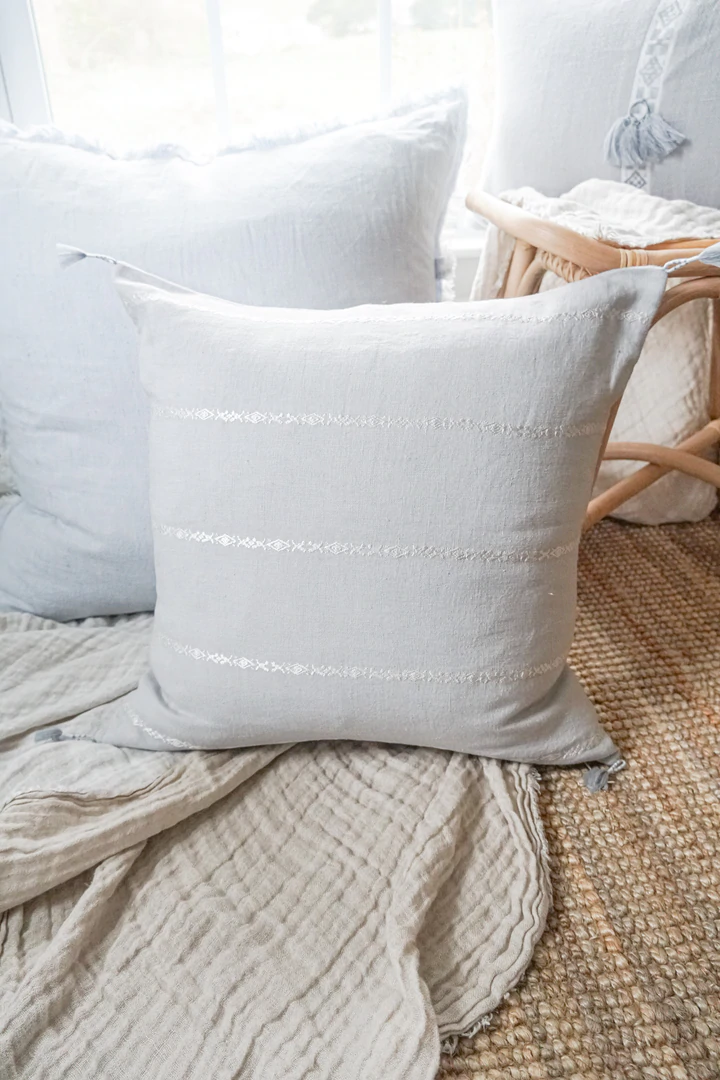 Anaya Home Light Grey & White Embr Stripes 20x20 So Soft Linen Pillow