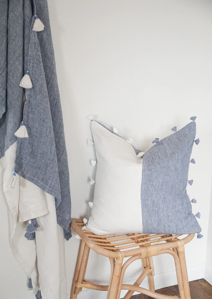 Anaya Home Chambray Blue Tassels 20x20 So Soft Linen Pillow