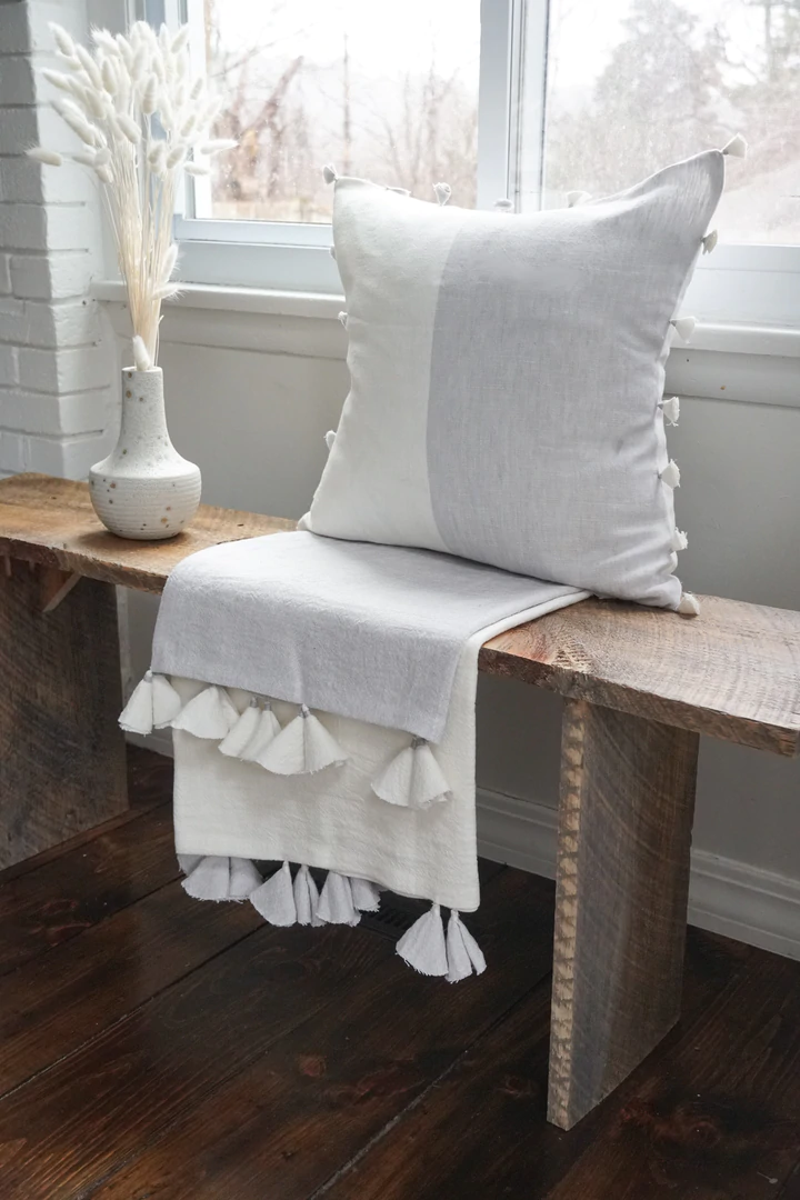 Anaya Home Light Grey Tassels 20x20 So Soft Linen Pillow Down