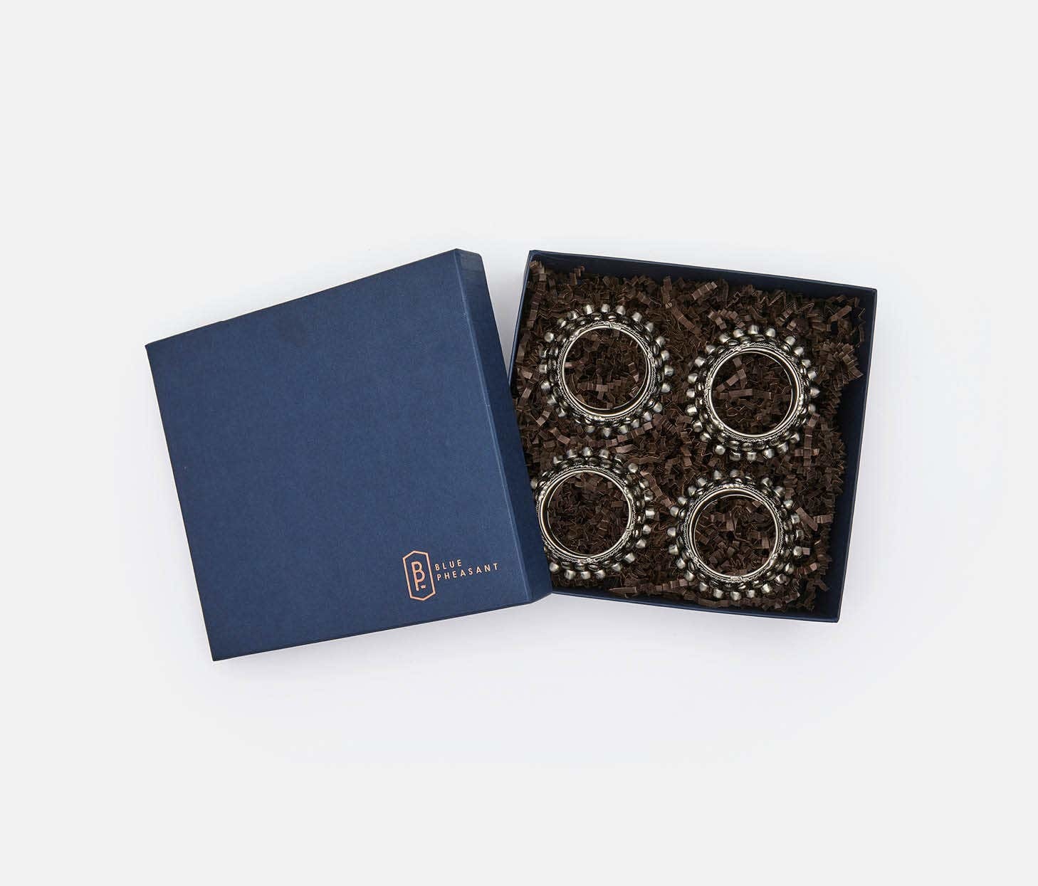 Blue Pheasant Indra Antiqued Silver Napkin Rings - Boxed Set of 4