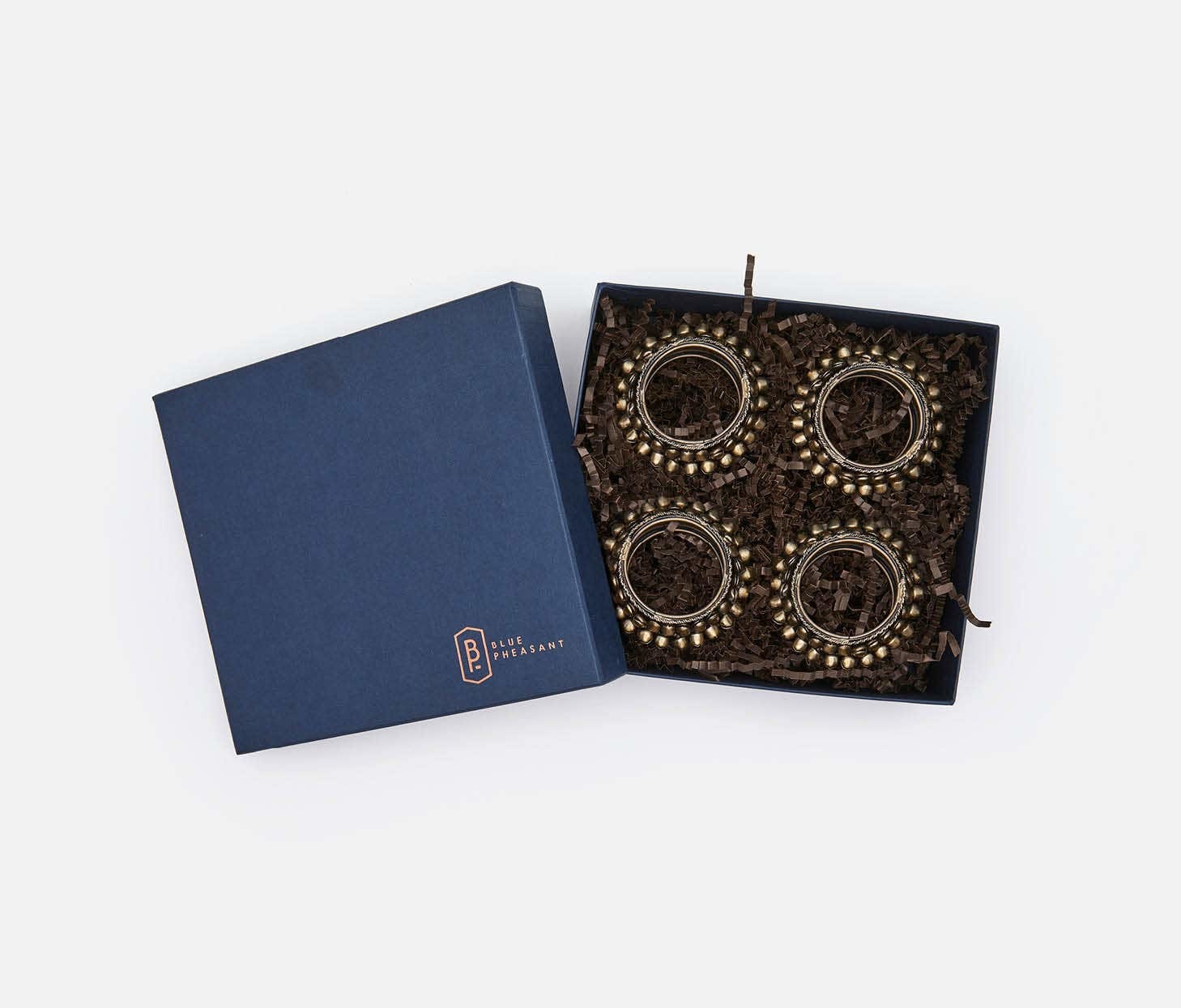 Blue Pheasant Indra Antiqued Gold Napkin Rings Boxed Set of 4
