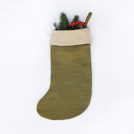 Magic Linen Handcrafted Linen Christmas Stocking - Olive Green