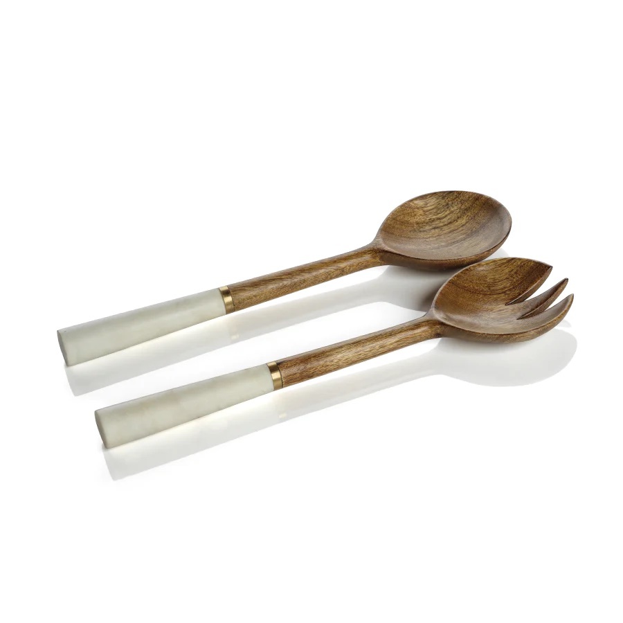 Zodax Heritage Mango Wood and Marble Salad Server Set