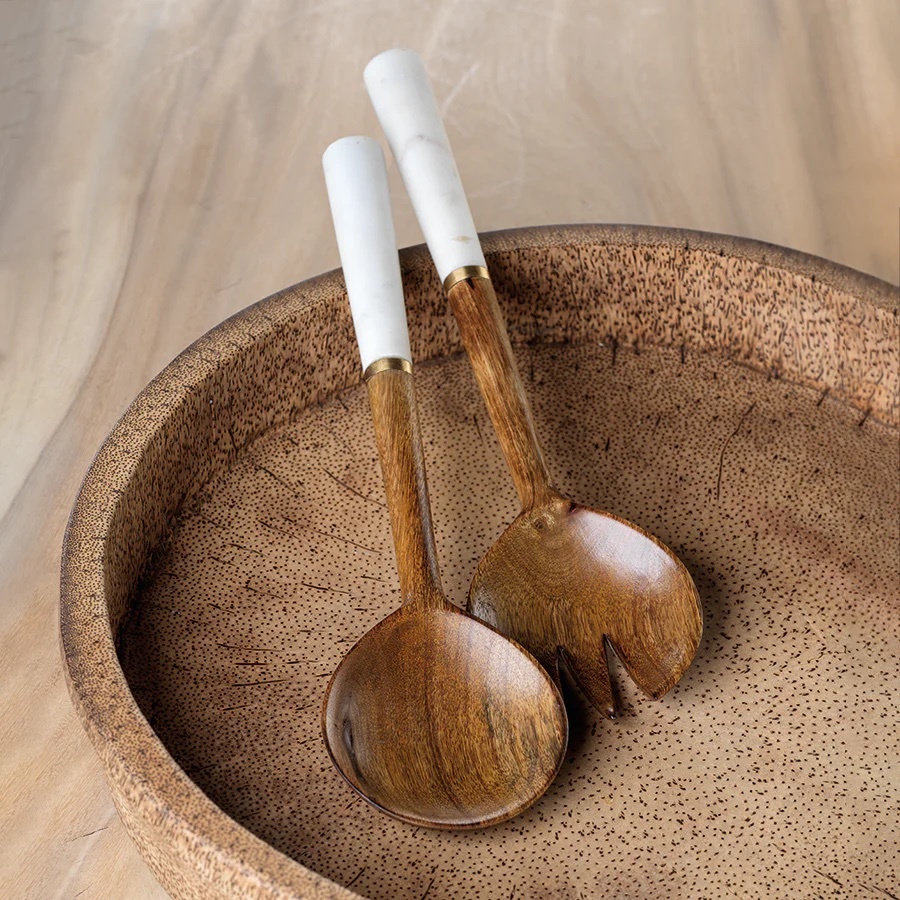Zodax Heritage Mango Wood and Marble Salad Server Set