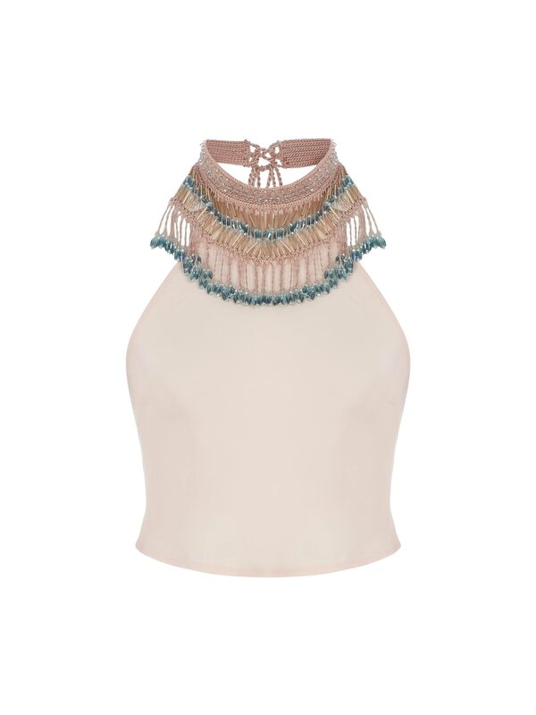 My Beachy Side Halter Top With Beaded Collar - Pearl Blush Pink