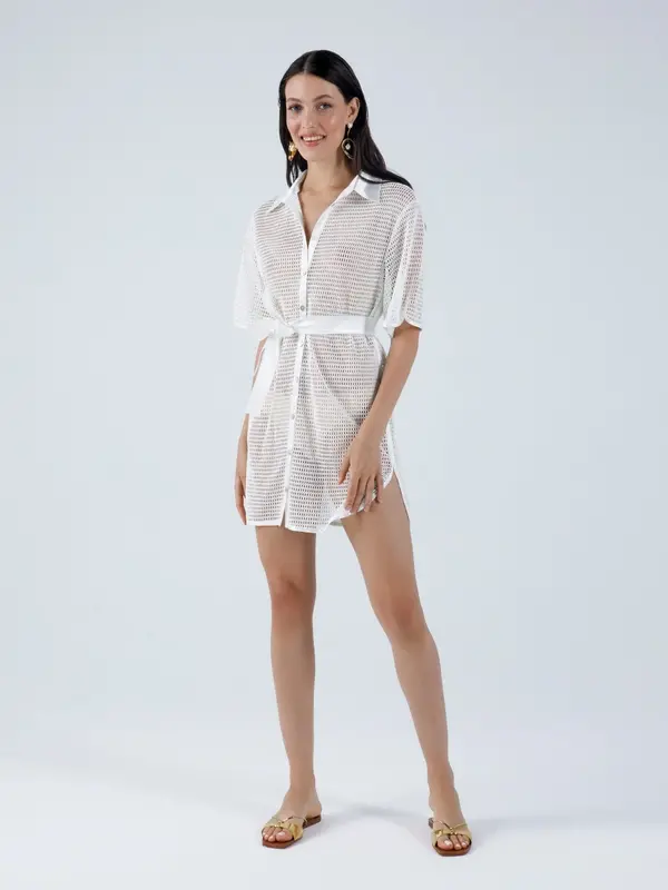 My Beachy Side Cotton Lace Mini Coverup with Belt - White