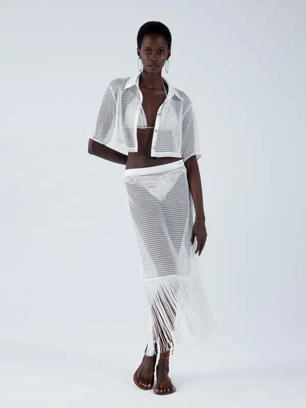 My Beachy Side Cotton Lace Maxi Skirt with Fringe Hem - White