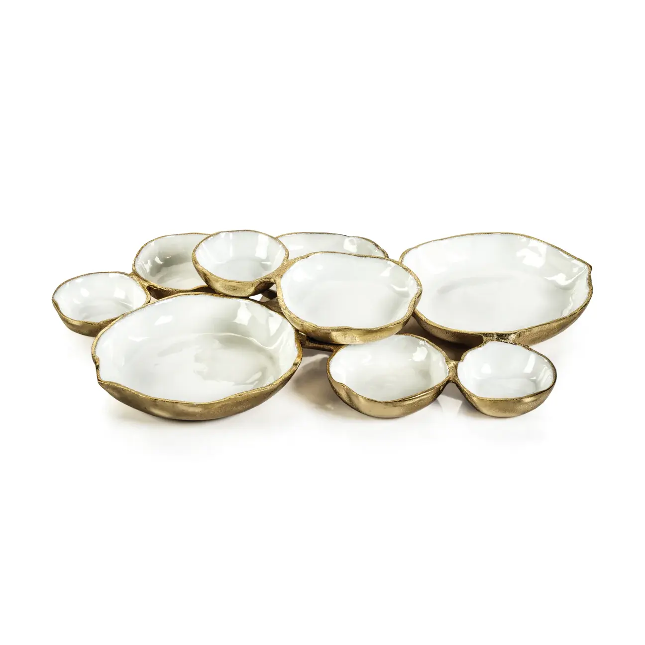 Zodax Cluster of Nine Round Serving Bowls - Gold and White
