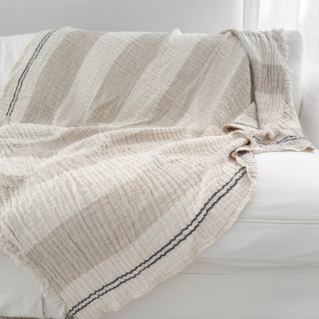 Anaya Home Crinkled Luxe Linen Stripe Throw Ivory