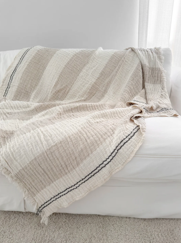 Anaya Home Crinkled Luxe Linen Stripe Throw Ivory
