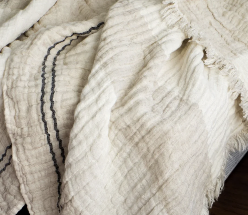 Anaya Home Crinkled Luxe Linen Stripe Throw Ivory
