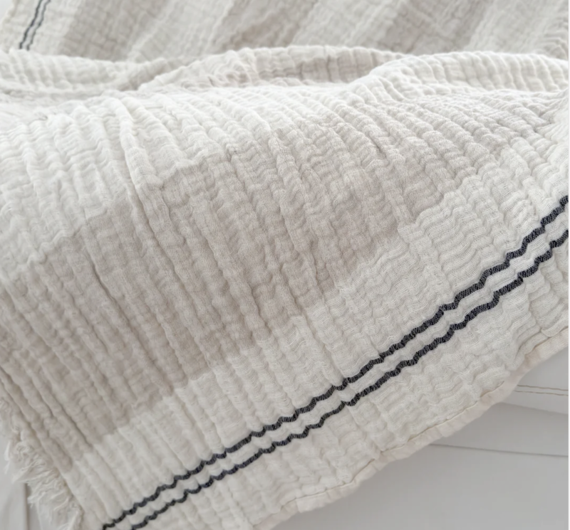 Anaya Home Crinkled Luxe Linen Stripe Throw Ivory