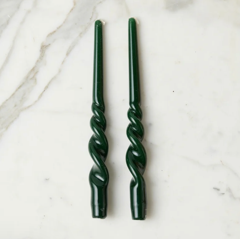 Etu Home Lacquered Tall Twisted Taper Candles, Spruce, Set of 2