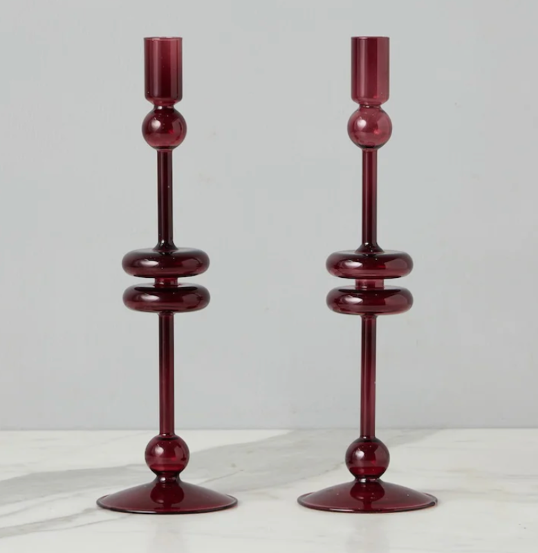 Etu Home Glass Candlestick Pair, Large, Merlot