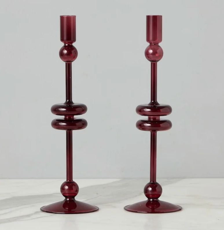 Etu Home Glass Candlestick Pair, Large, Merlot