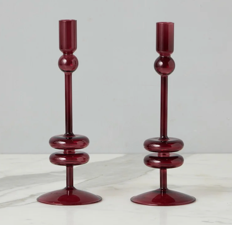 Etu Home Glass Candlestick Pair, Medium, Merlot
