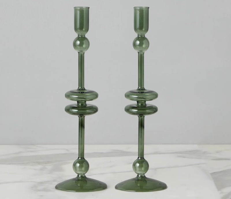 Etu Home Emerald Glass Candlestick Pair, Large
