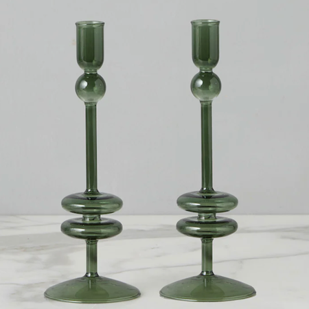 Etu Home Emerald Glass Candlestick Pair, Medium