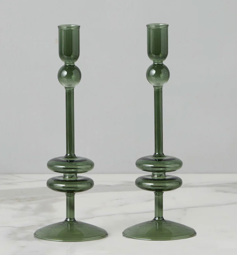 Etu Home Emerald Glass Candlestick Pair, Medium