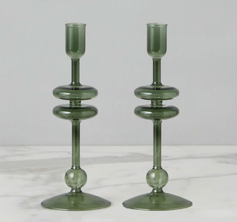 Etu Home Emerald Glass Candlestick Pair, Small